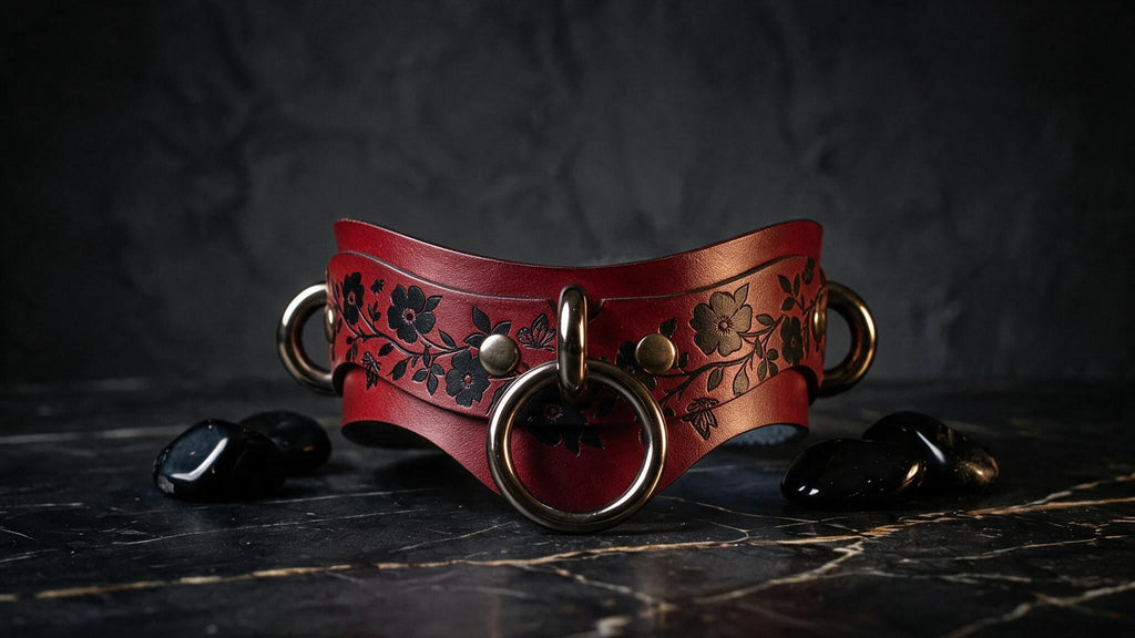 A red leather choker necklace with black floral designs and metal rings is displayed on a black marble surface, accompanied by black stones.