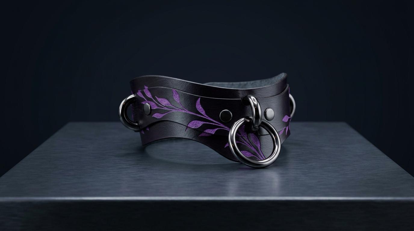 A black leather choker necklace with purple leaf designs and metal rings is displayed on a dark surface.