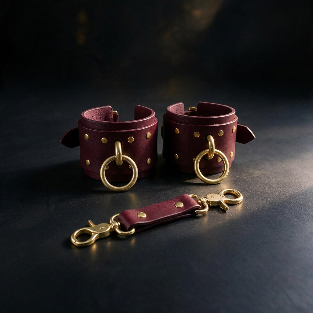 A pair of burgundy leather cuffs with gold studs and a leather strap with gold studs are displayed on a dark surface.