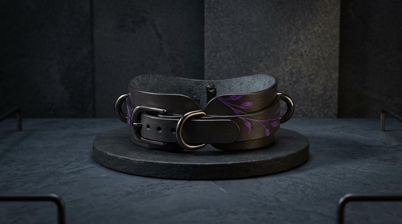A black leather choker necklace with a purple floral design on the clasp is displayed on a black pedestal against a dark background.