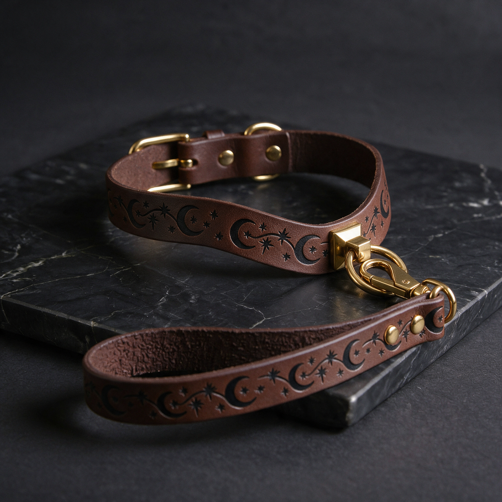 A brown leather dog collar with a star and crescent design, featuring a gold buckle and a matching gold-colored leash attached to it, resting on a dark surface.