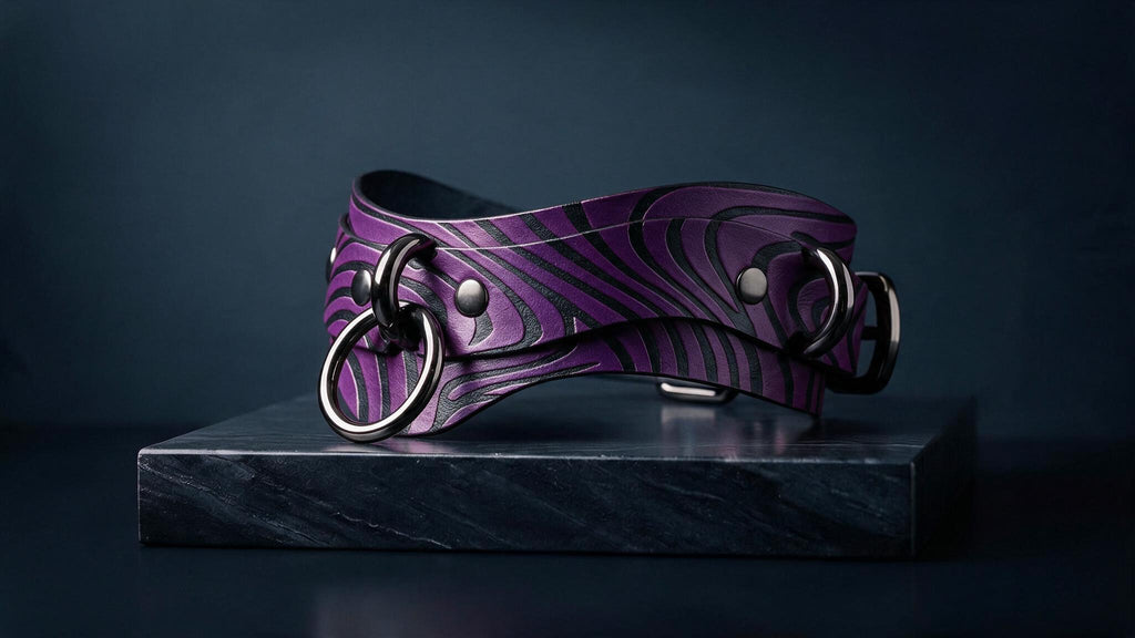 A purple leather strap with metal rings and buckles is displayed on a black surface against a dark background.