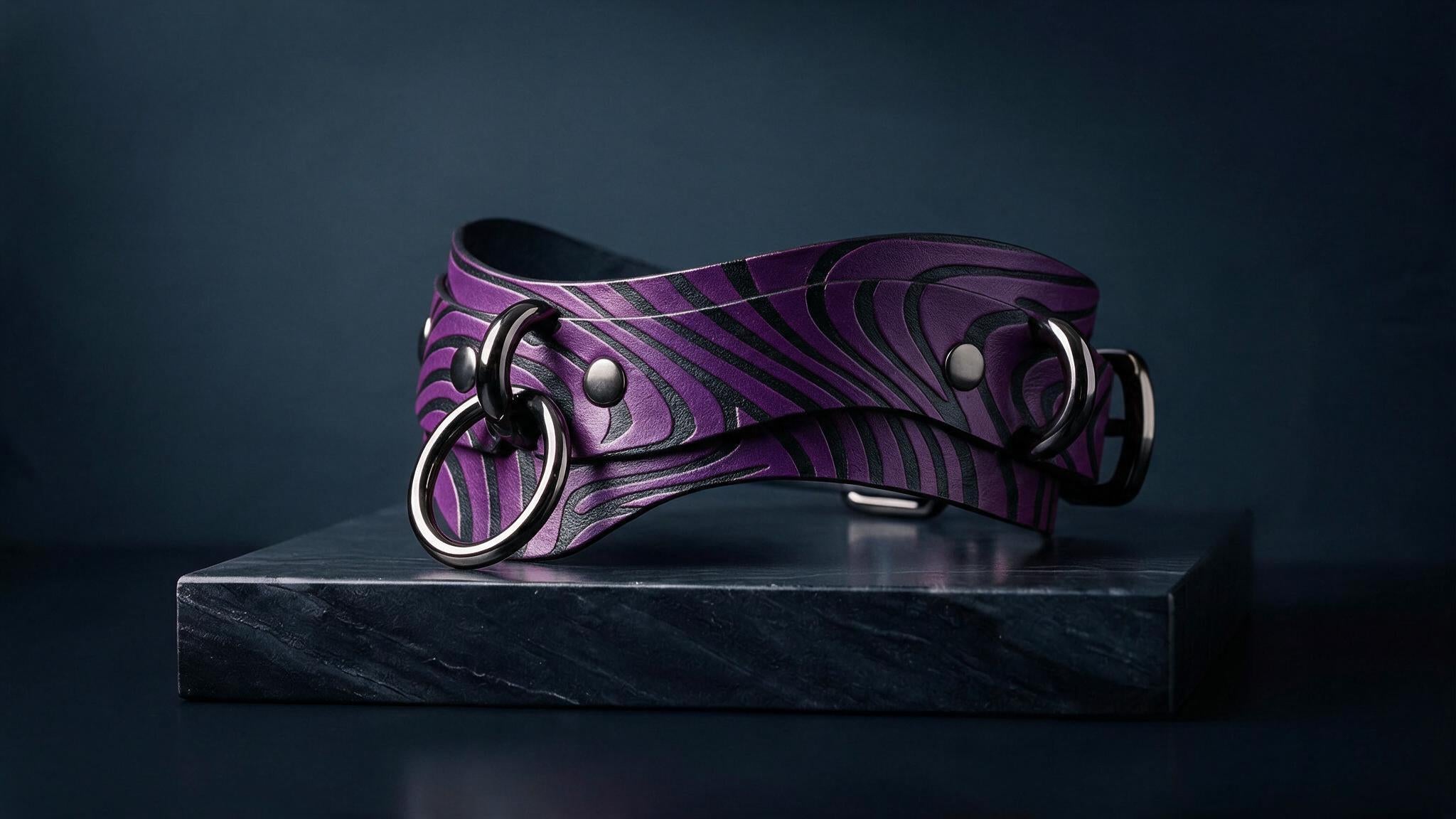 A purple leather strap with metal rings and buckles is displayed on a black surface against a dark background.