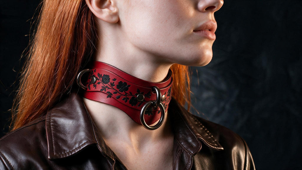A close-up of a woman wearing a red leather choker necklace with floral designs.