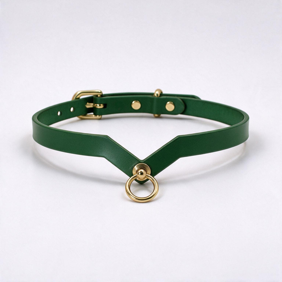 A green leather choker necklace with a gold-colored metal ring and buckle.