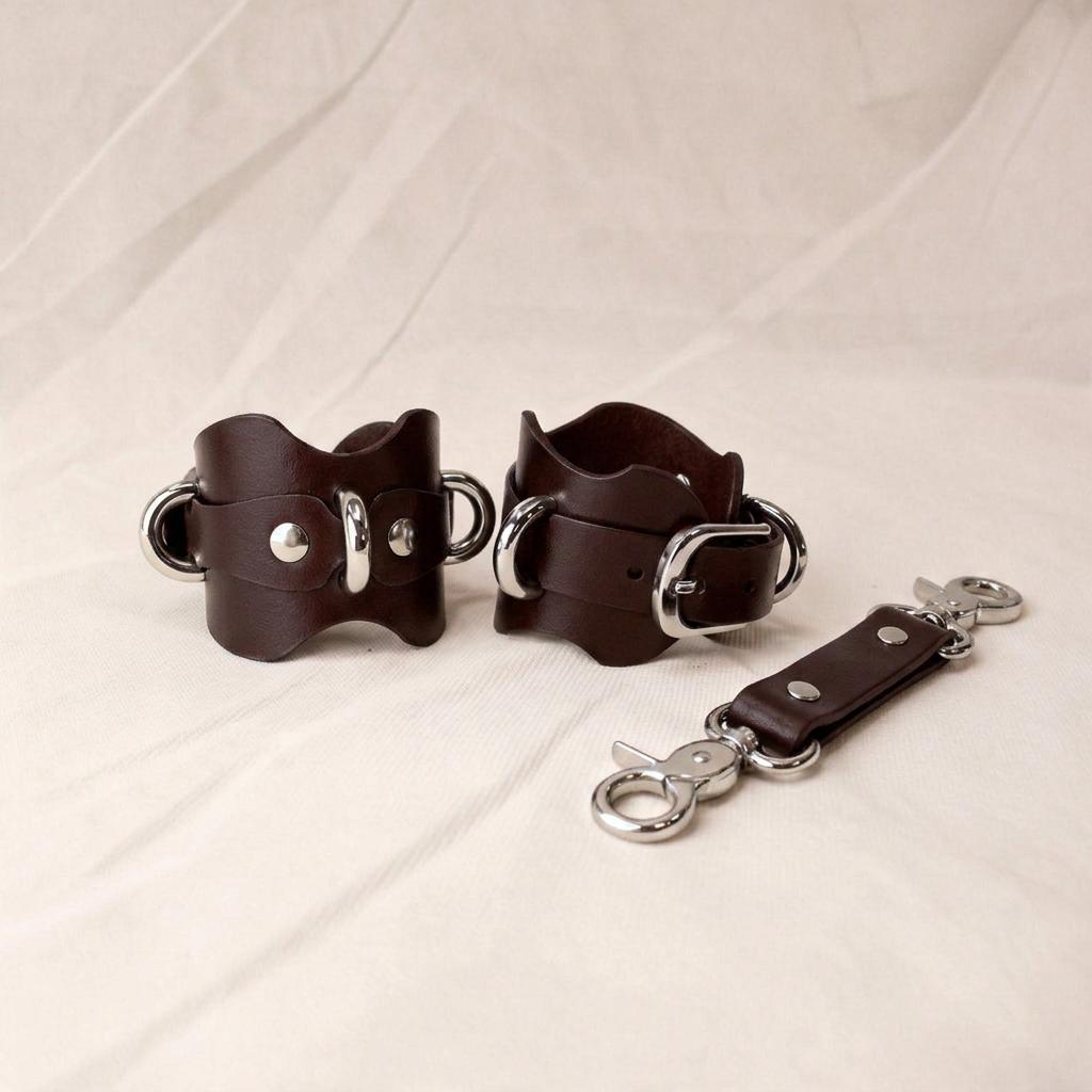 a pair of brown leather cuffs with metal buckles and a metal clasp, arranged on a white background.