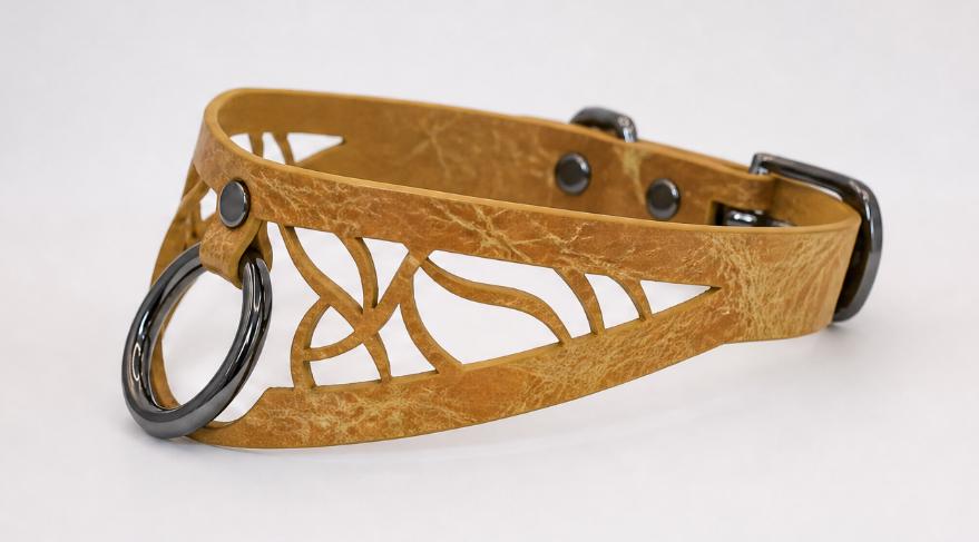 A tan leather collar with a metal ring and a decorative cutout pattern.