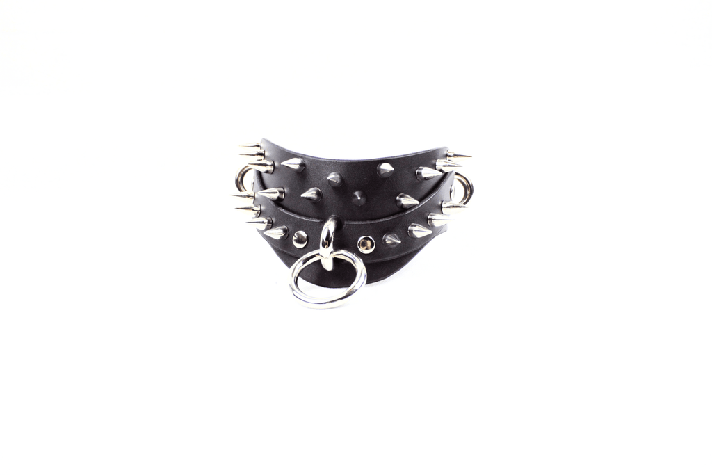 Black Spiked BDSM Collar featuring spikes and silver accents on premium black leather.