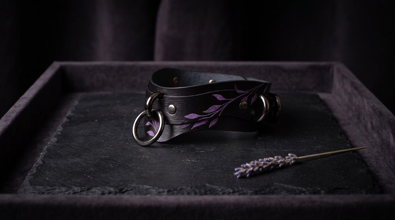 A black leather choker necklace with purple leaf designs and metal rings is displayed on a dark surface, accompanied by a sprig of lavender.