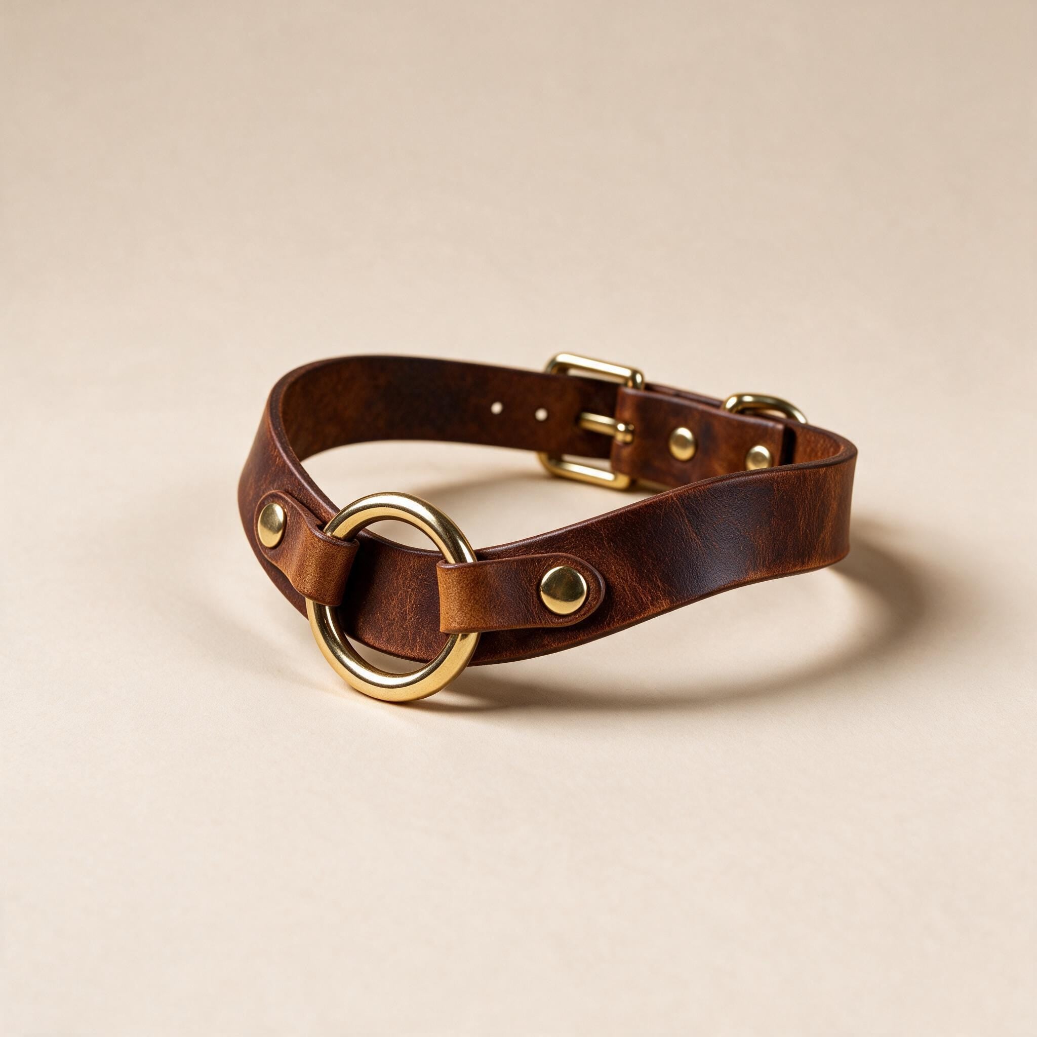 A brown leather choker collar with a gold-colored buckle and two gold-colored studs on the top.