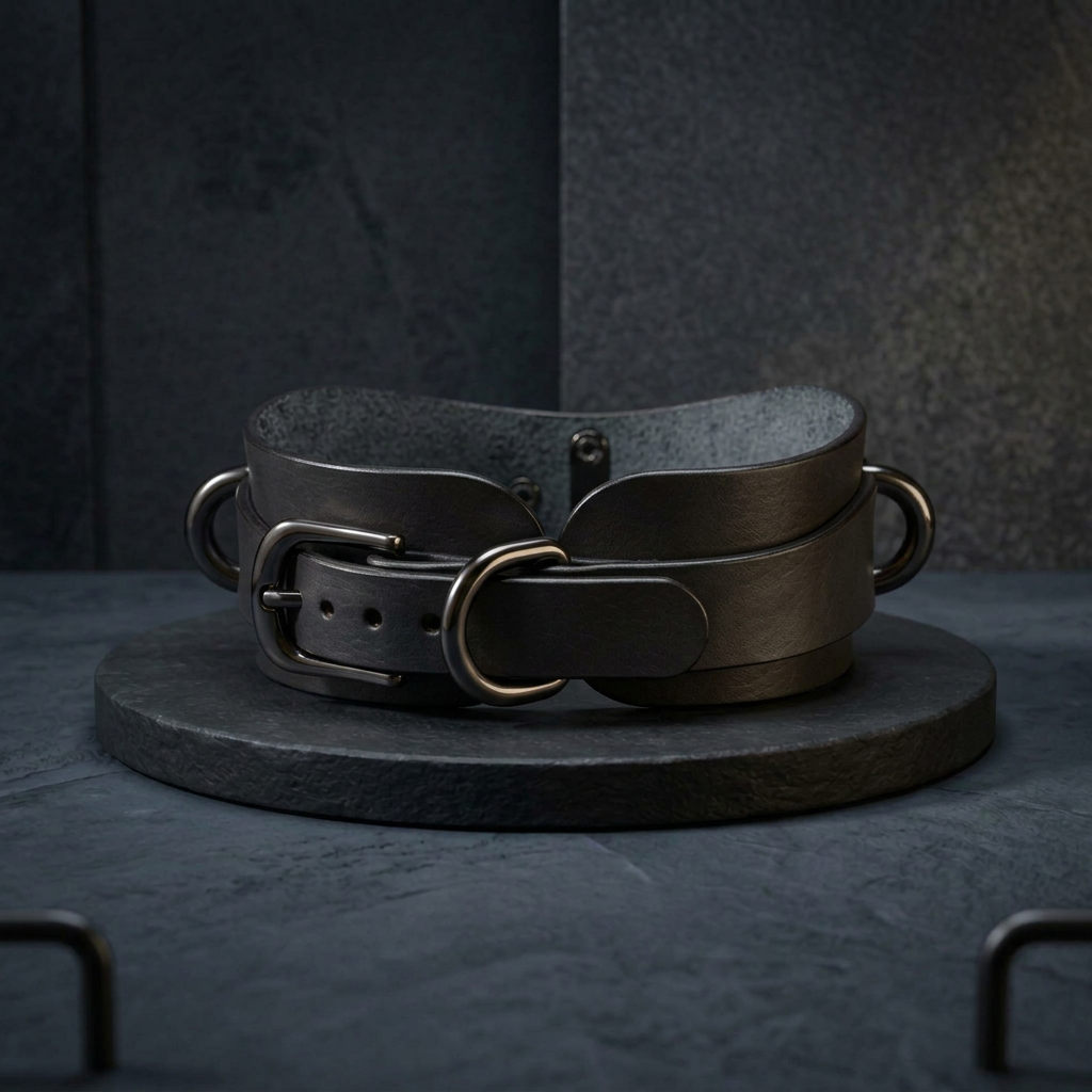 A black leather choker necklace with a metal buckle and two metal handles, displayed on a black circular platform against a dark background.