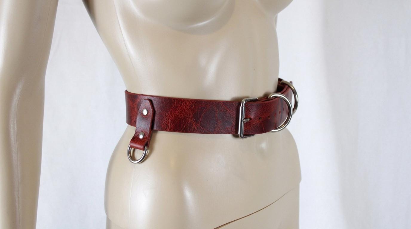 A mannequin wearing a red leather belt with a metal buckle.