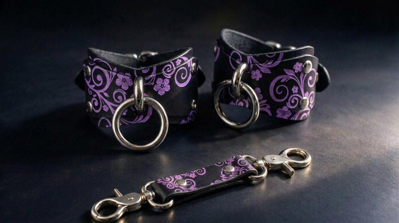 a pair of purple leather straps with metal rings and a matching clasp, arranged on a dark surface.