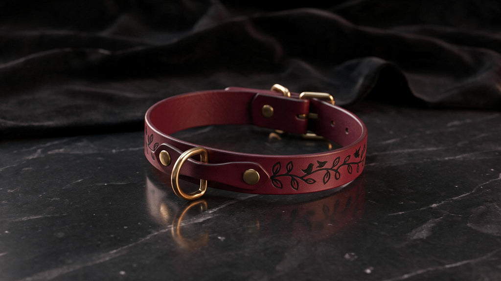 A burgundy leather collar with a leaf design sits on a dark surface, reflecting the surrounding environment.