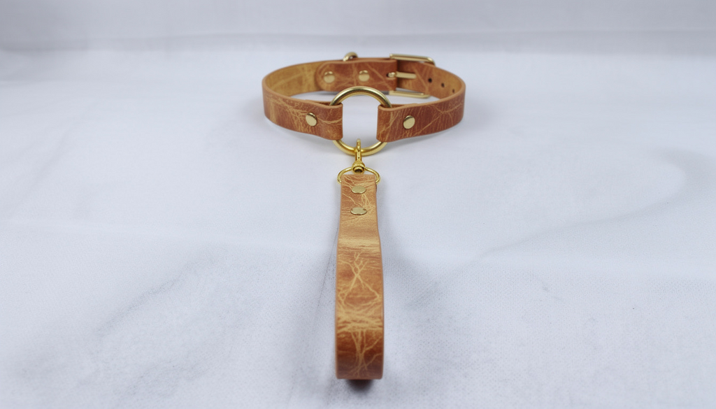 A tan leather collar with a gold-colored metal ring and a dangling leather handle attached to it.