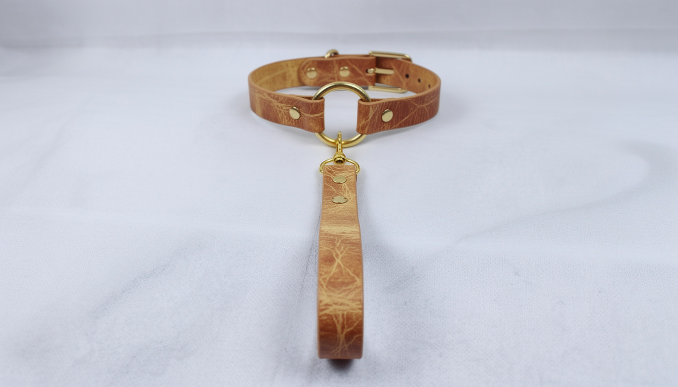 A tan leather collar with a gold-colored metal ring and a dangling leather handle attached to it.