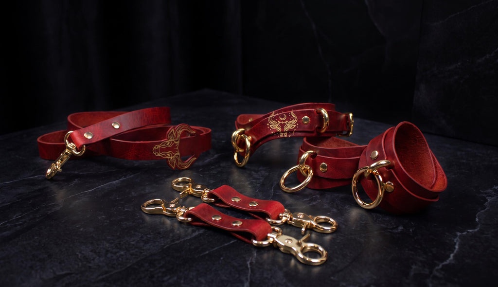 a collection of red leather straps and buckles, some of which are attached to a black surface. The straps appear to be made of leather and have metal hardware, such as buckles and clasps, which are likely used for securing or fastening the straps. The image does not contain any text or additional objects, and the focus is on the straps and their design.