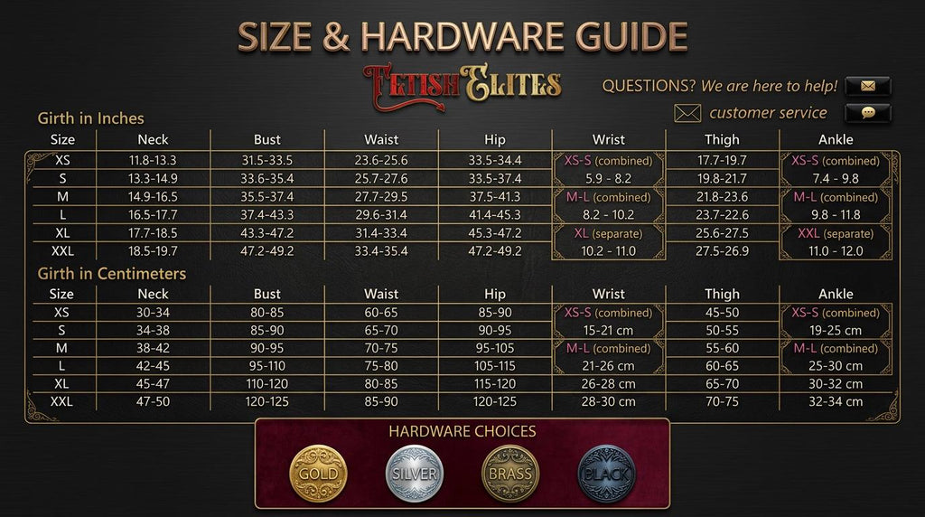 The image is a size and hardware guide for a product, likely a clothing item or accessory, with various measurements and corresponding sizes listed.