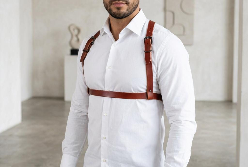 A man wearing a white dress shirt with a leather strap across his chest.
