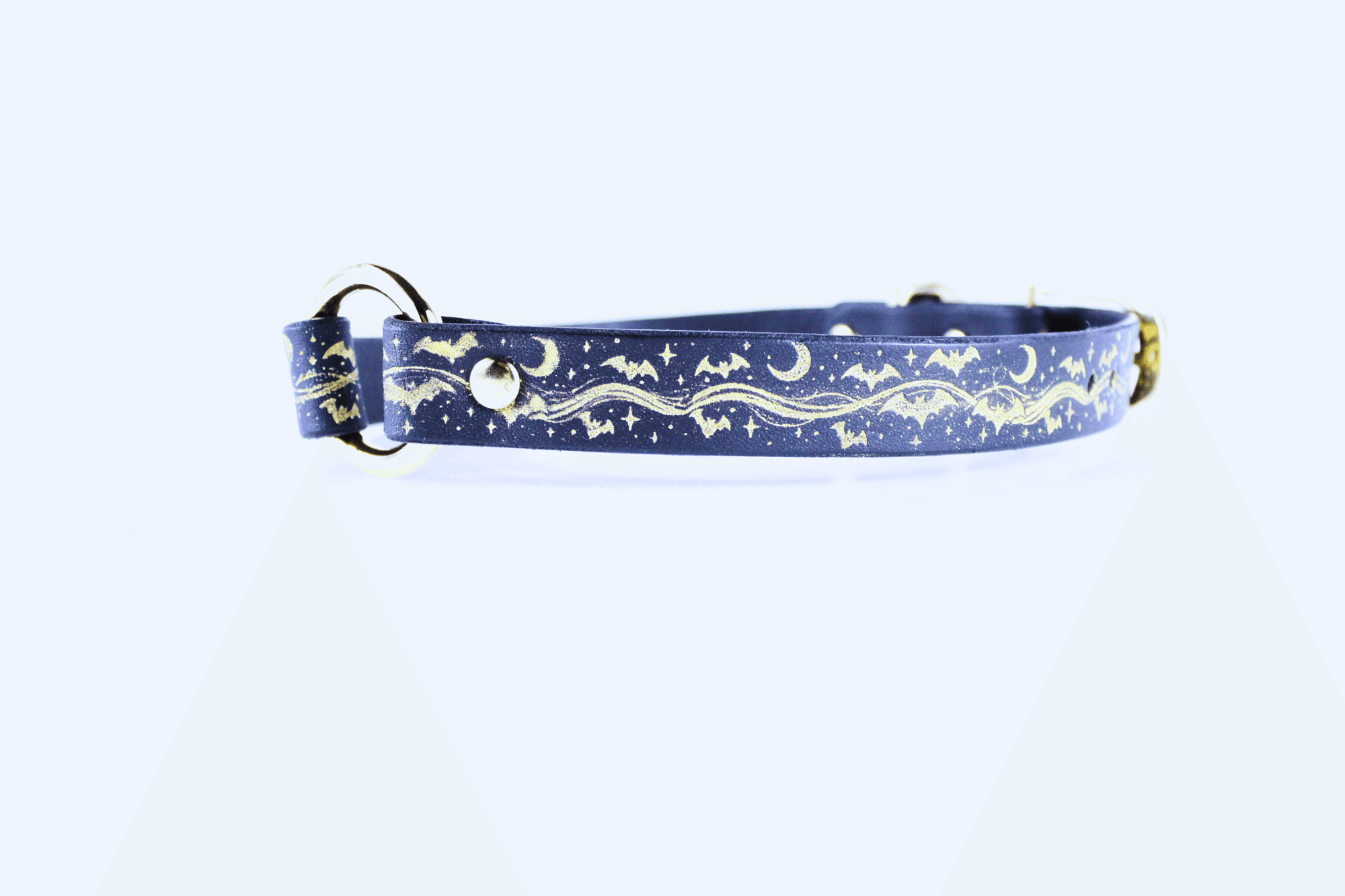 Bats BDSM Collar showcasing a celestial design with bats, moons, and stars in smooth leather.