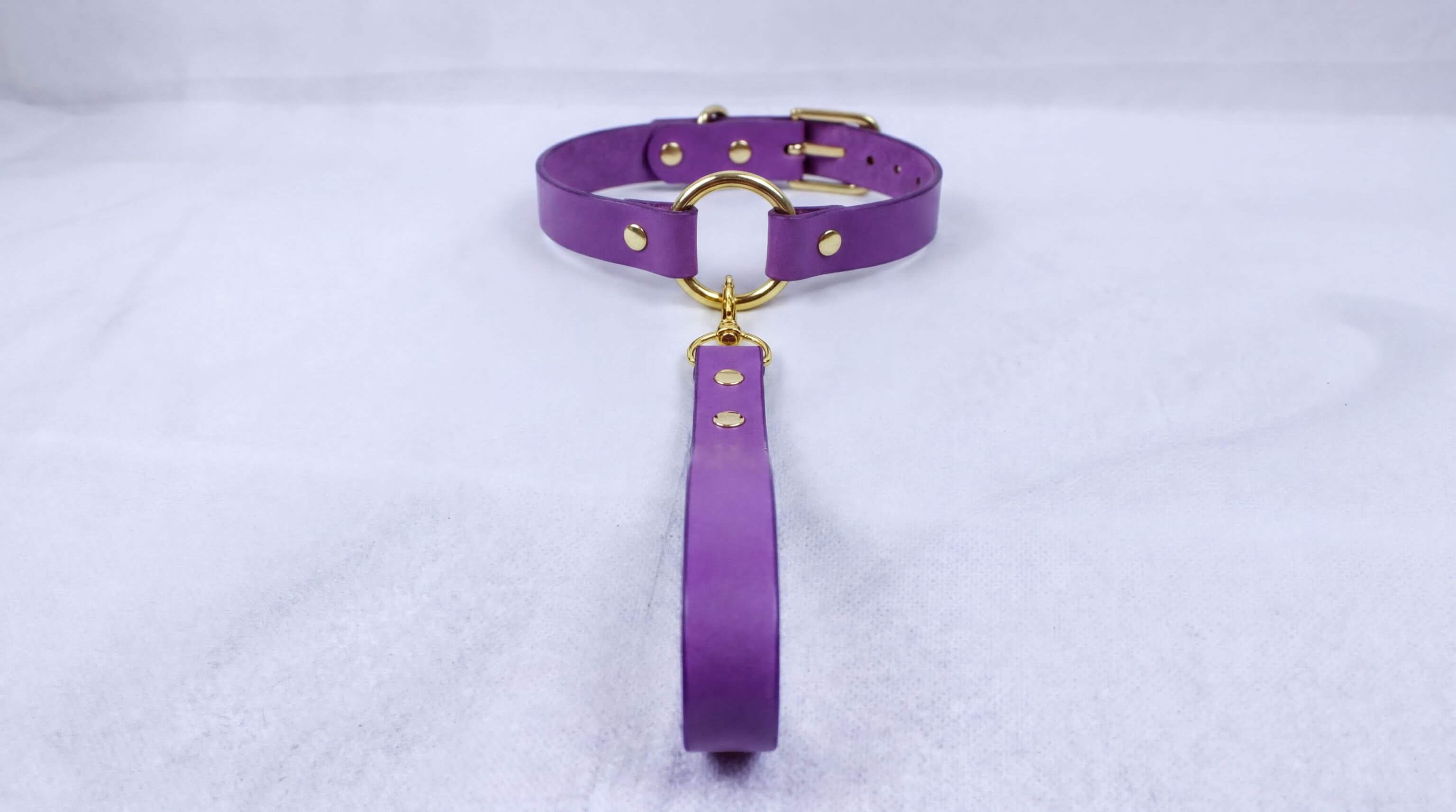 A purple leather collar with a gold-colored buckle and a long strap is displayed on a white surface.