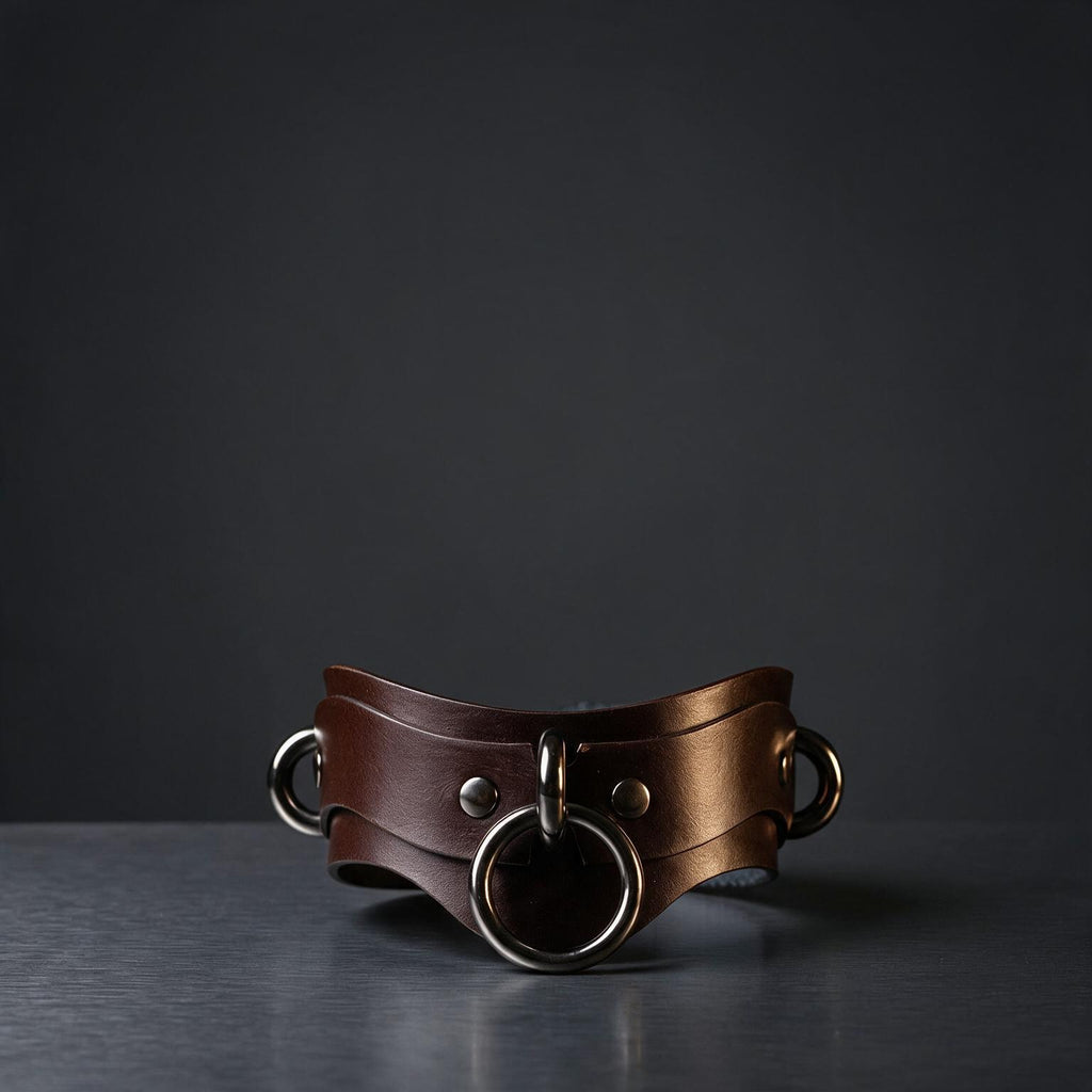A brown leather collar with metal rings and a buckle is displayed against a dark background.