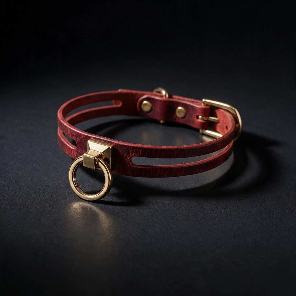 A red leather choker necklace with a gold-colored metal ring and buckle is displayed against a dark background.