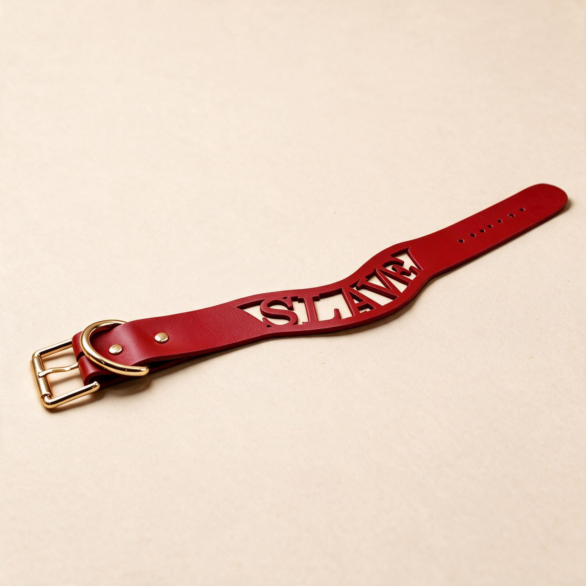 A red leather strap with the word "SLAVE" cut out in the center, lying on a beige surface.