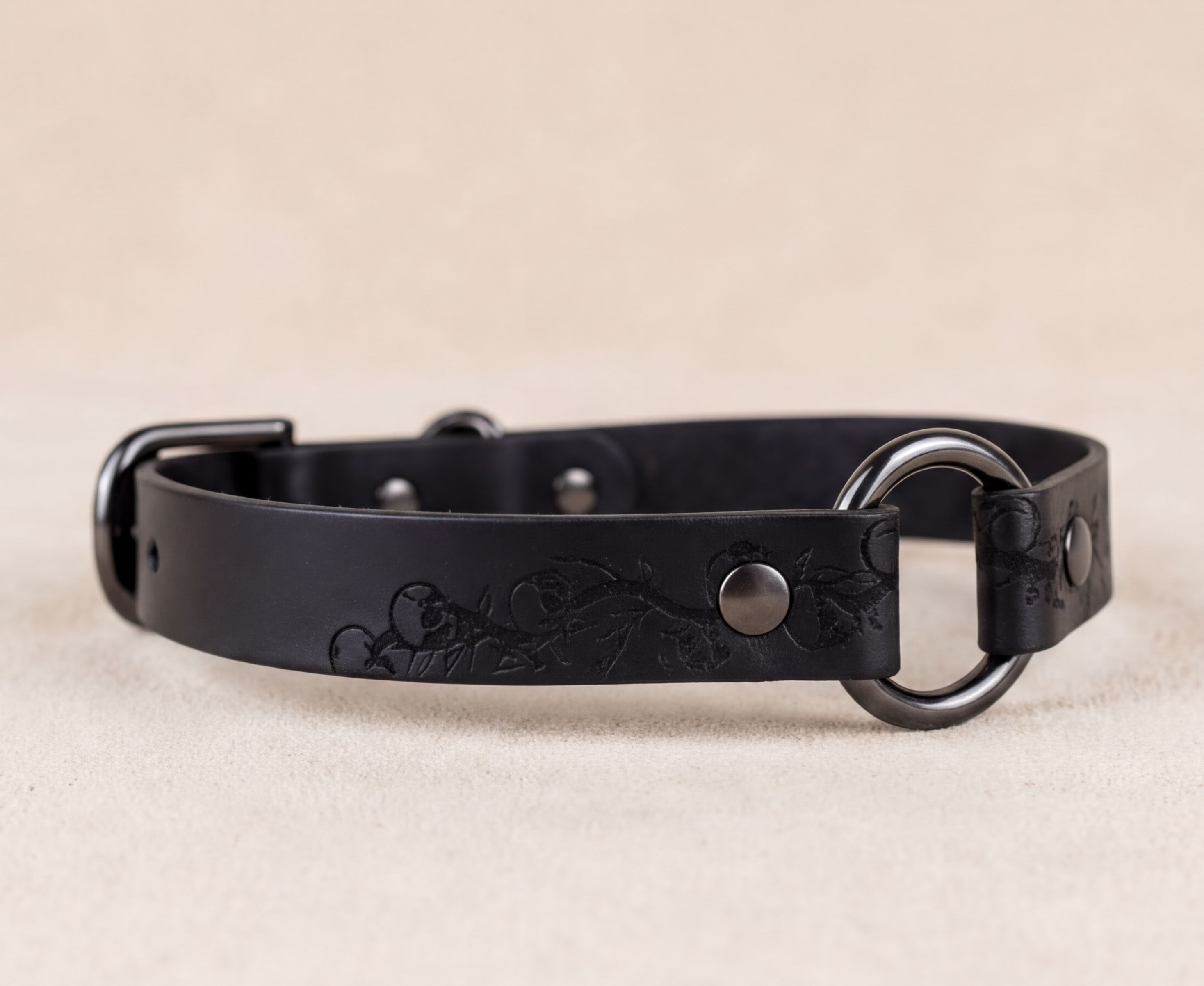 A black leather dog collar with a metal ring and buckle.
