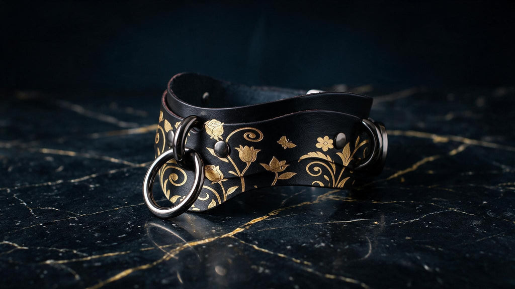 A black leather choker necklace with a gold floral pattern and metal rings on the front, resting on a dark marble surface.
