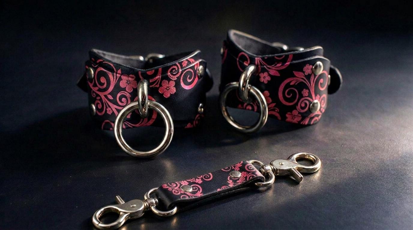 a pair of black leather straps with pink floral designs, each with a metal ring and clasp, and a matching metal clasp.