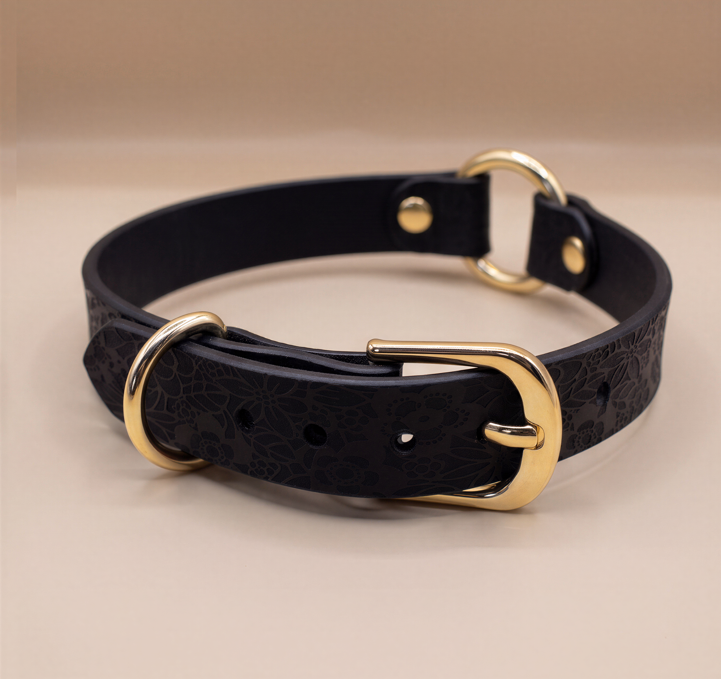 A black leather collar with a gold buckle and two metal rings.
