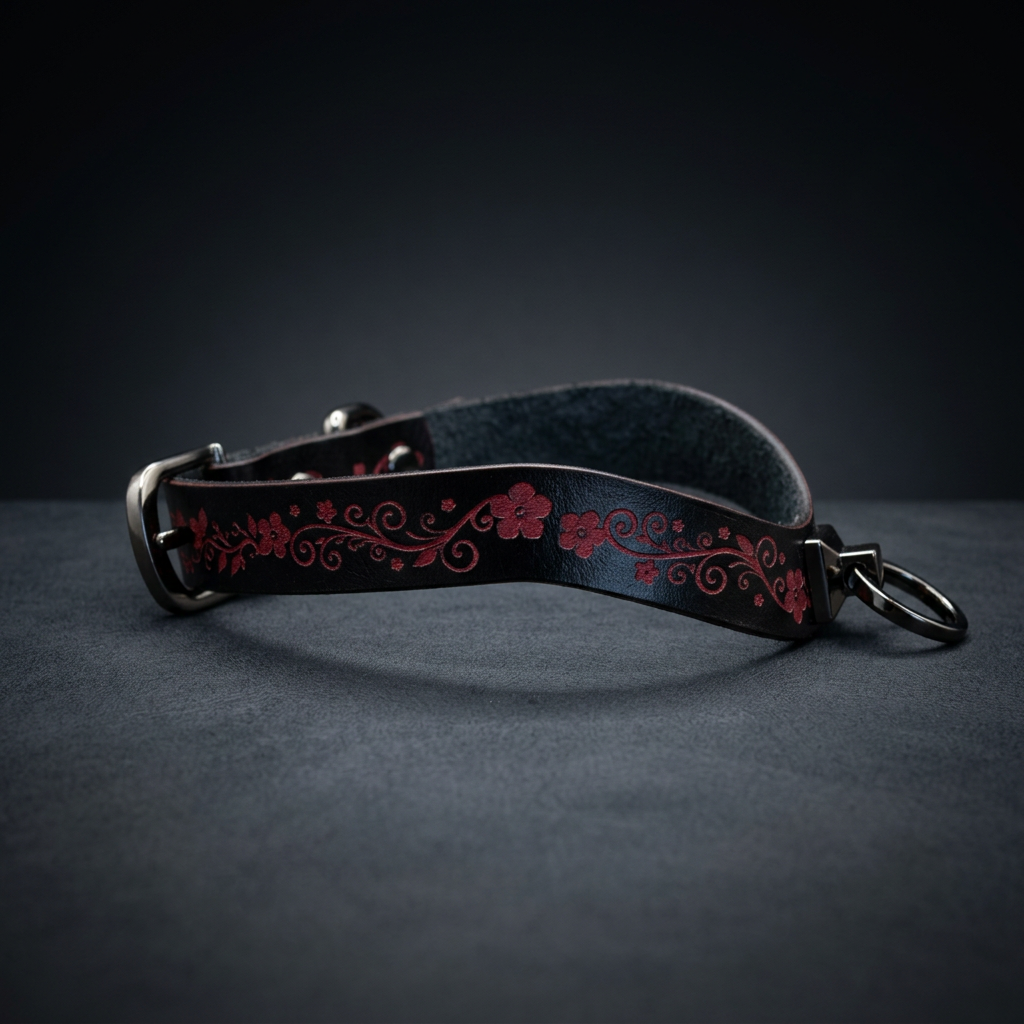 A black leather collar with a floral pattern on it, resting on a dark surface.