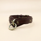 A brown leather choker collar with metal rings and buckles.