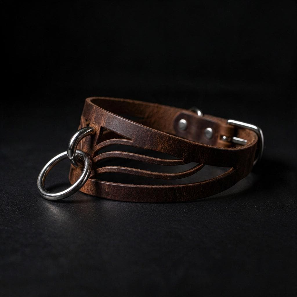 A brown leather choker necklace with metal rings and a buckle, resting on a dark surface.