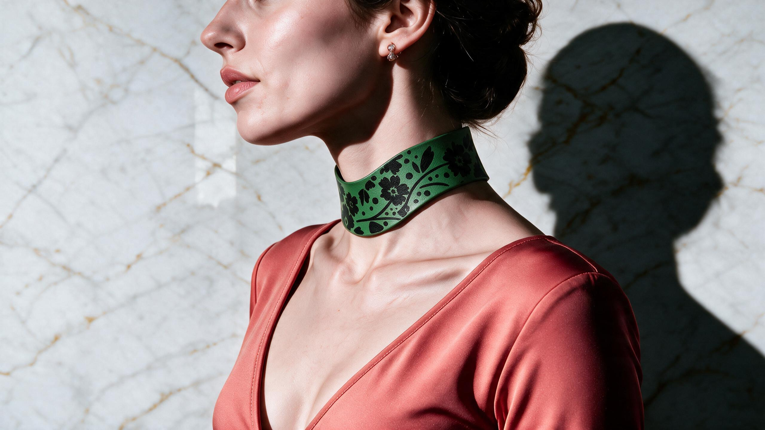 A woman wearing a red dress and a green choker necklace stands against a marble wall, her shadow cast on the wall behind her.