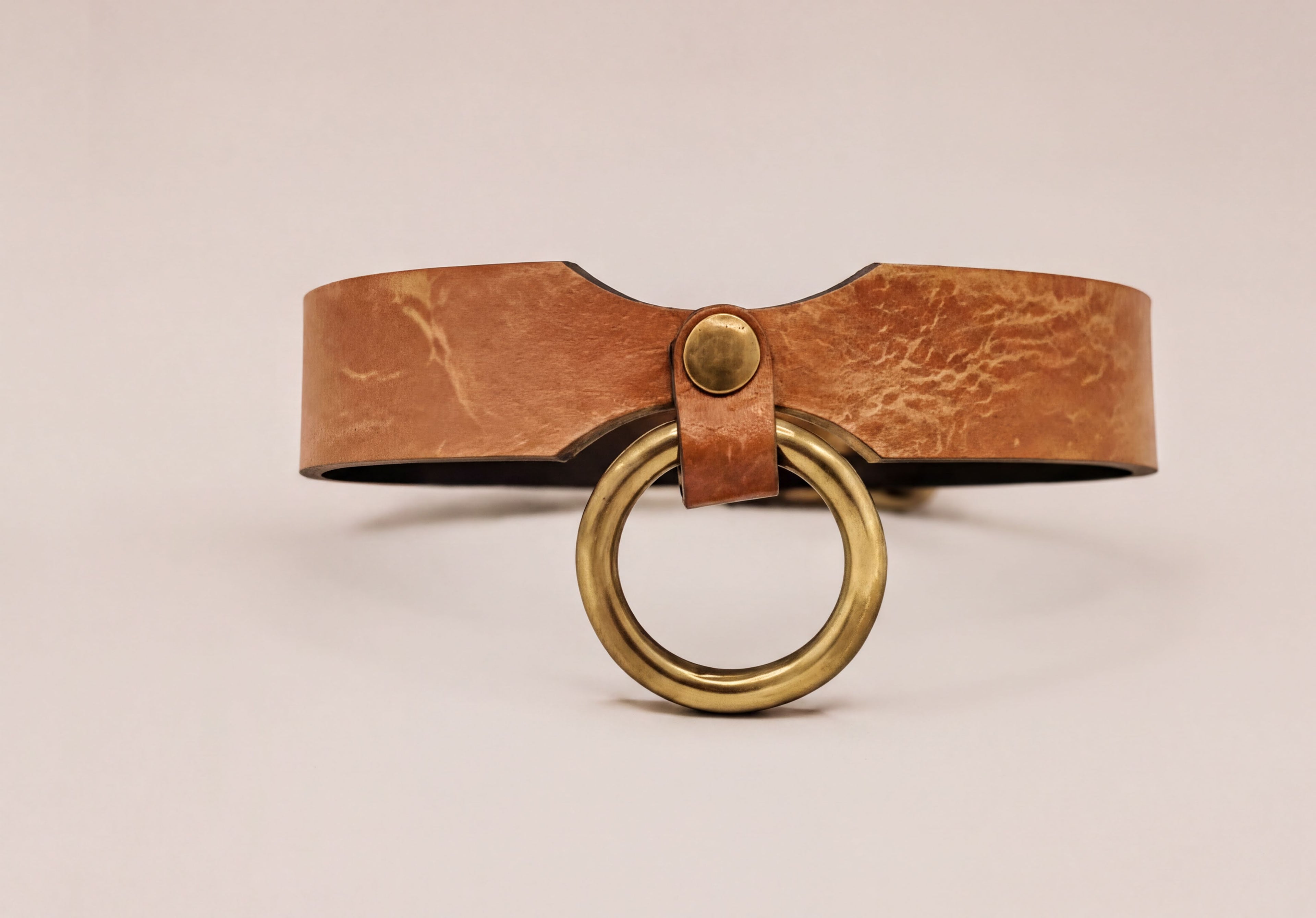A brown leather choker necklace with a brass ring and buckle.