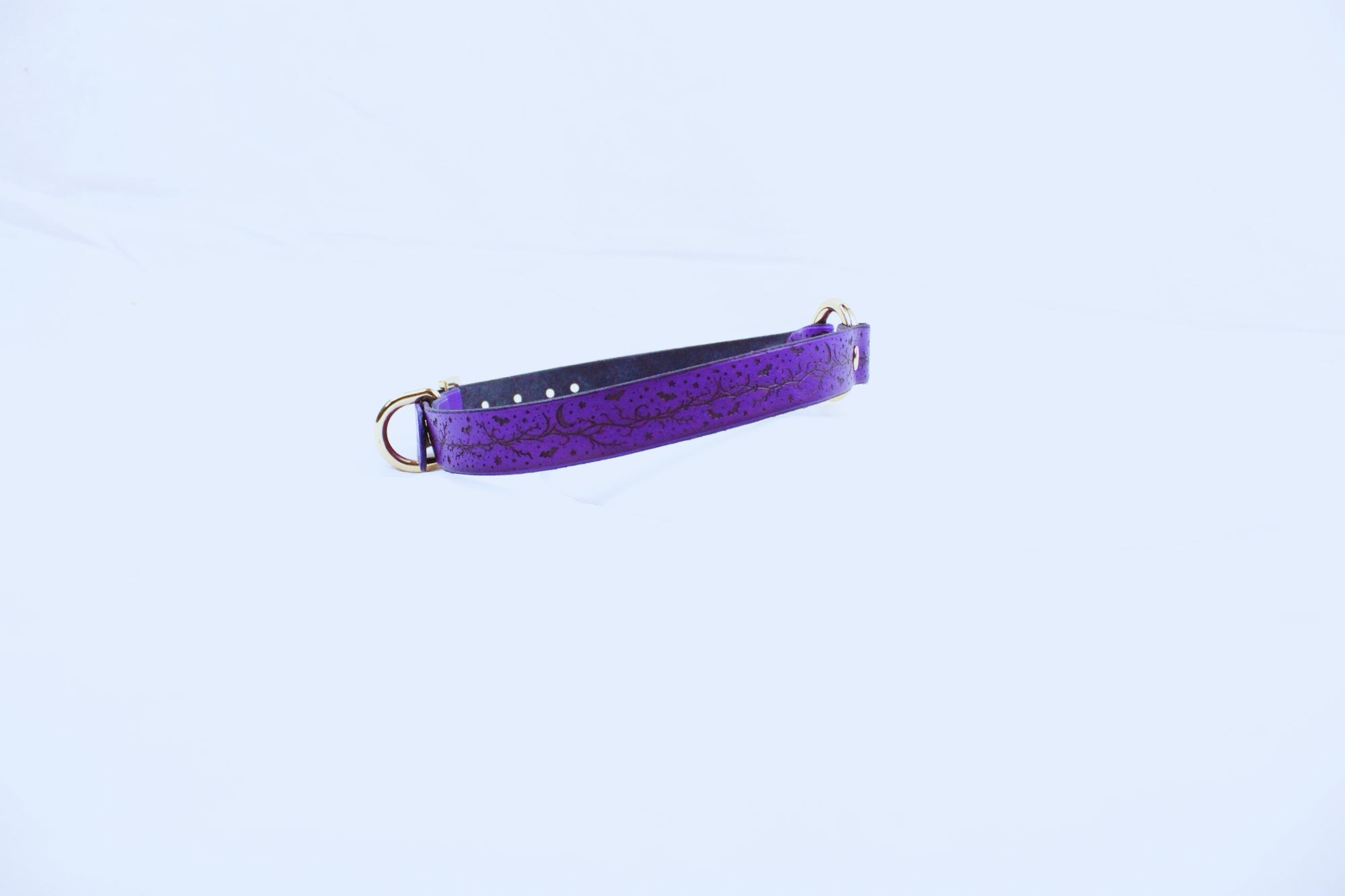 A purple patterned dog collar is shown against a white background.