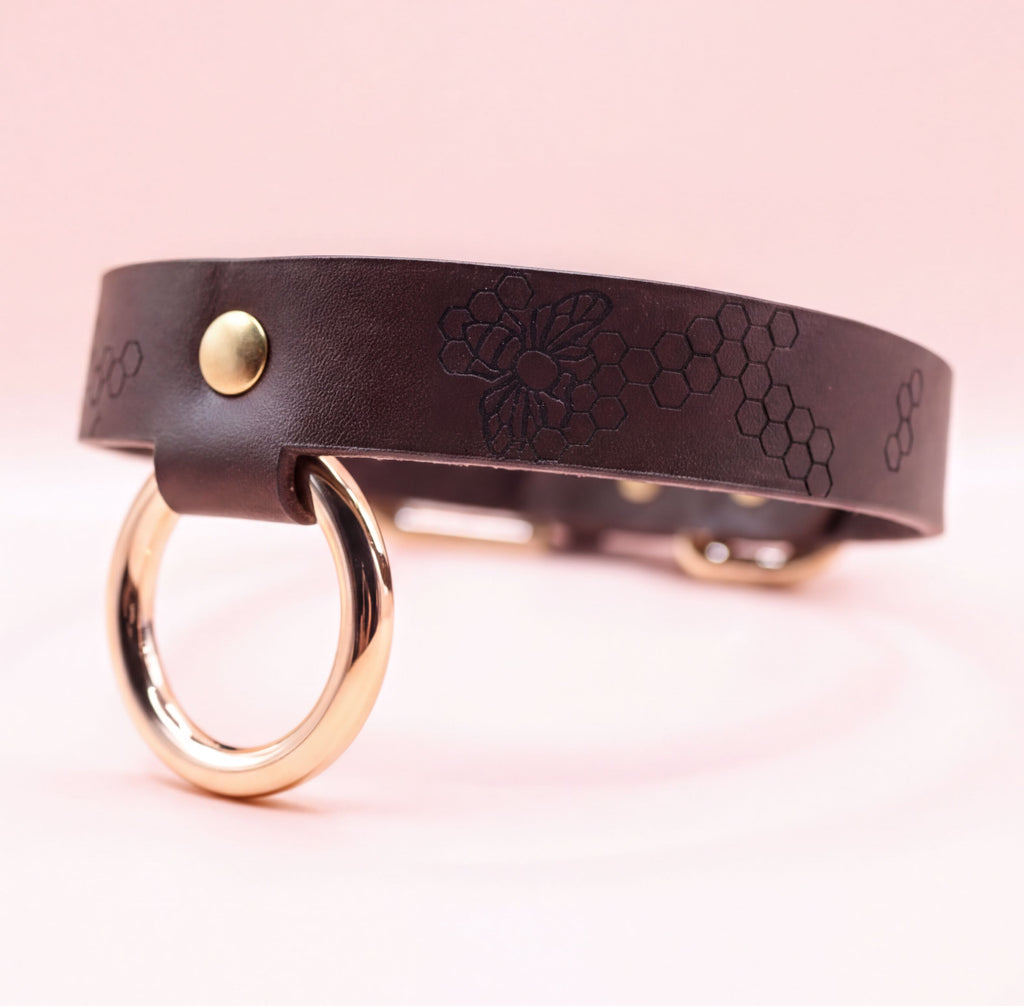 A close-up image of a brown leather collar with a gold-colored ring and a floral pattern on the strap.