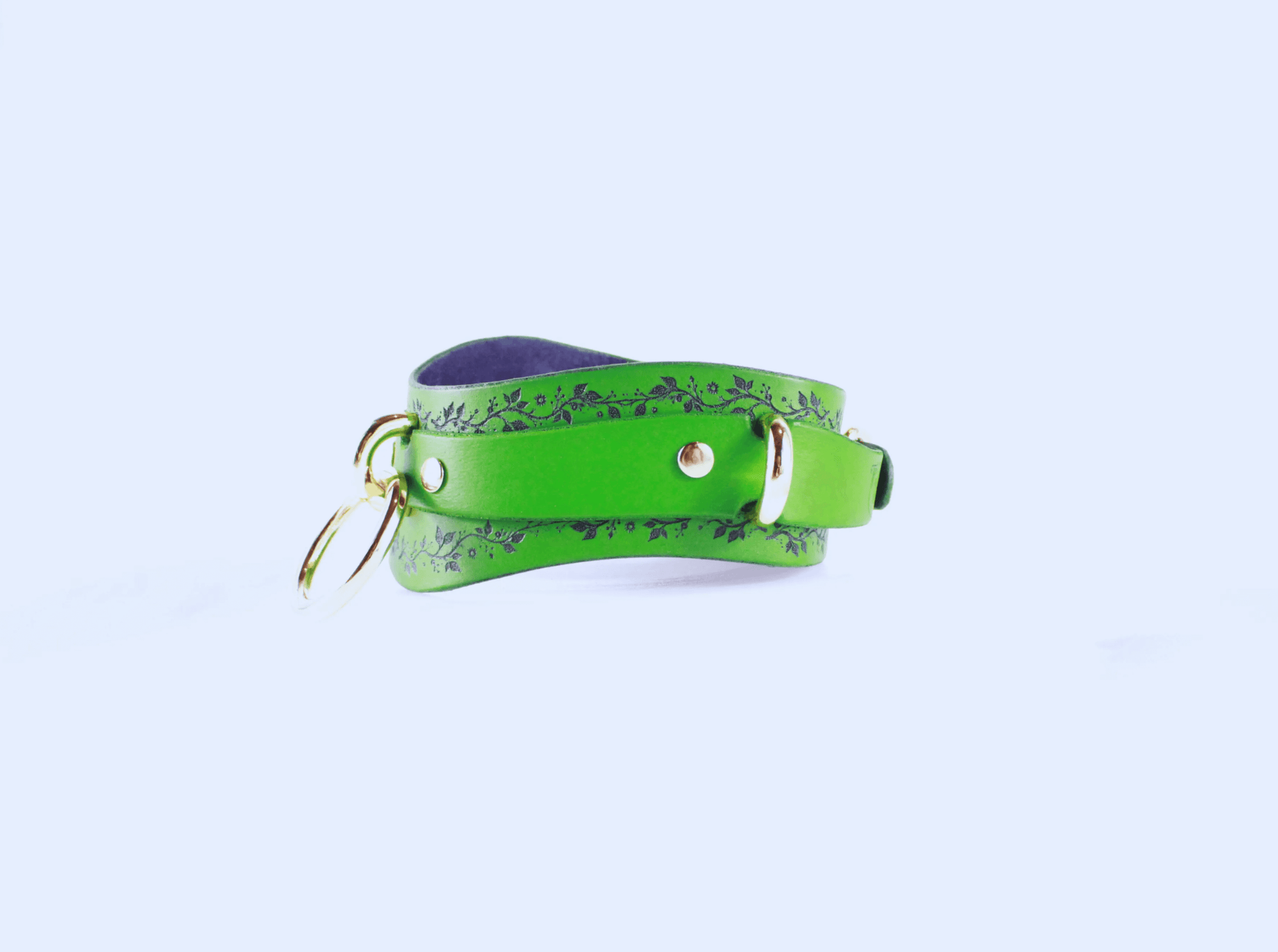 Green Vine Leather Submissive Collar with delicate vine pattern and polished rings, perfect for discreet wear.