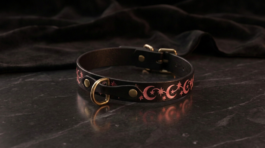 A black leather collar with a metallic buckle and a starry night sky design on it, resting on a dark surface.