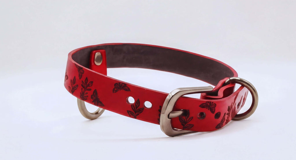 A red leather dog collar with a floral pattern and metal buckle.