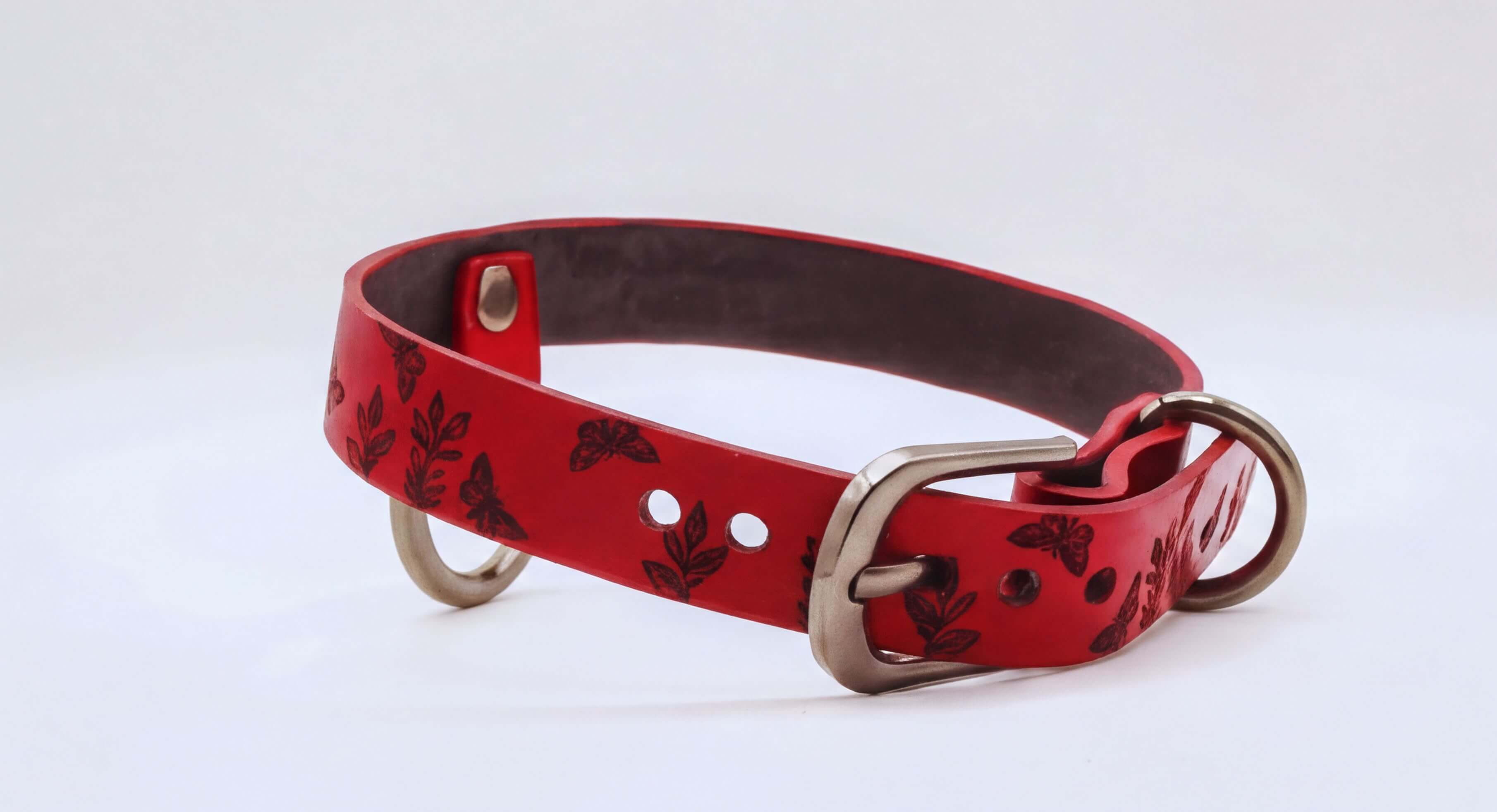 A red leather dog collar with a floral pattern and metal buckle.