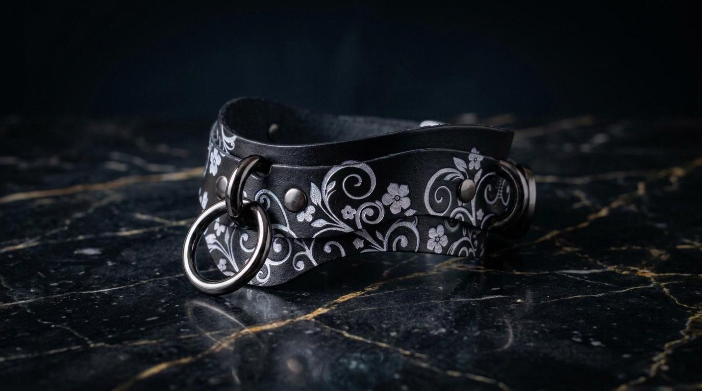 A black leather choker necklace with a floral pattern and metal rings on the front, resting on a dark marble surface.