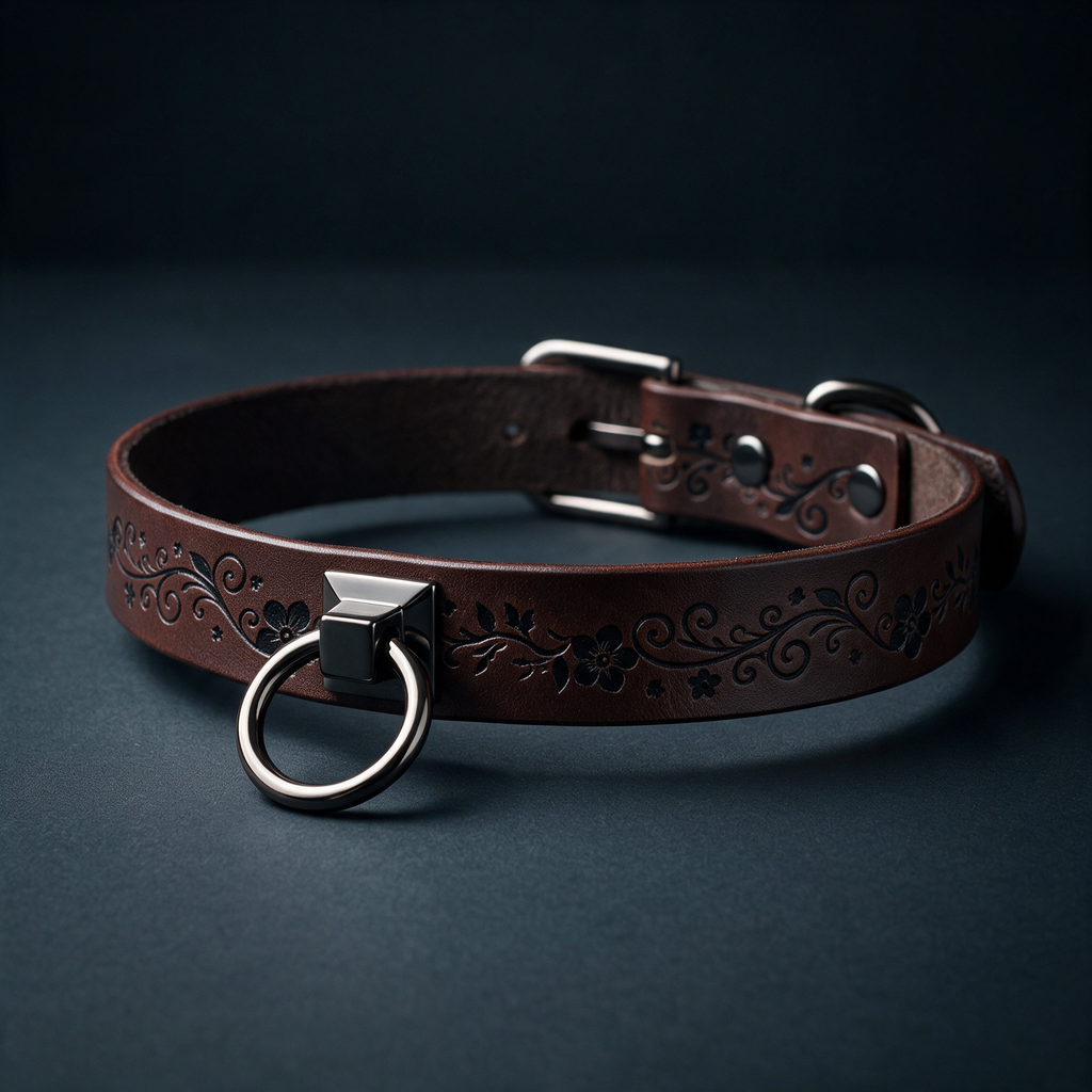 A brown leather collar with a metal ring and decorative floral patterns on the surface.