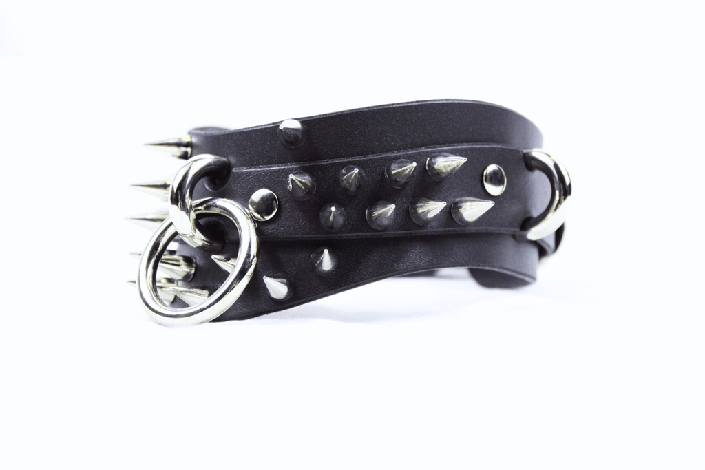 Spiked Posture BDSM Collar featuring spiked design and O-rings for a gothic submissive style.