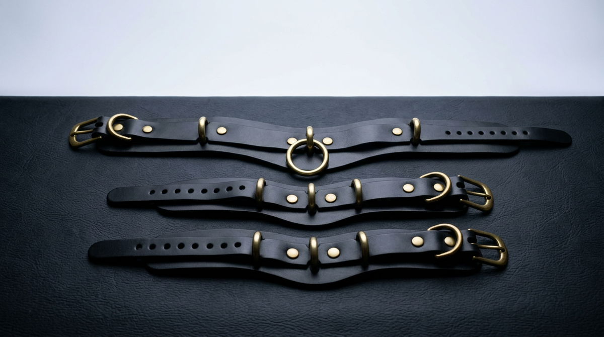 Three black leather choker necklaces with gold-colored metal studs and buckles are displayed on a dark surface.