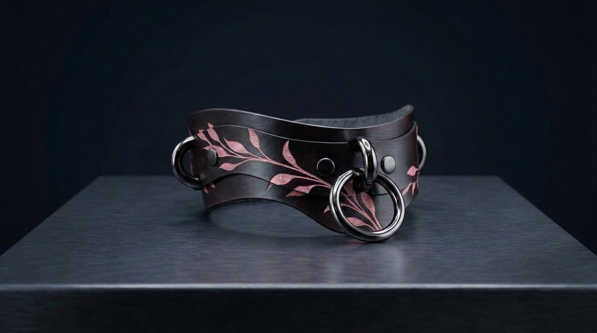 A black leather choker necklace with a floral design and metal rings on the front.