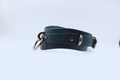A dark green leather choker necklace with metal buckles and a metal clasp.