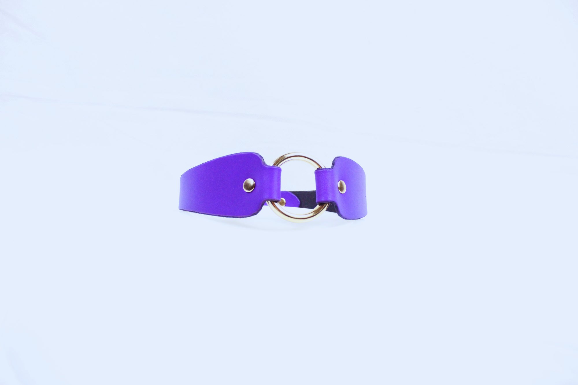 A purple leather choker necklace with a gold-colored circular clasp.